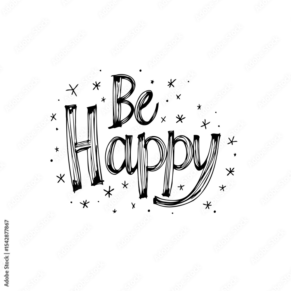 Aufkleber inspiring typography design with 'be happy' message and decorative elements