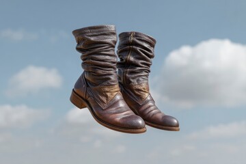 Two brown leather boots one with a zipper float in the air against a cloudy sky