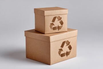 Two cardboard boxes stacked with a recycling symbol on each against a light gray backdrop