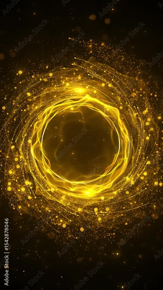 Poster digital futuristic energy flow shining sparkles creating central circle connections, iris explosion 