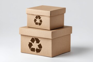 Two cardboard boxes with recycle symbols stacked on a light grey surface