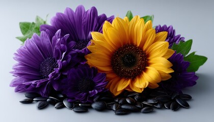 A bouquet of vibrant purple flowers and a sunflower, surrounded by sunflower seeds