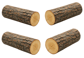 Four angled sections of wood log on black background isolated perspective view