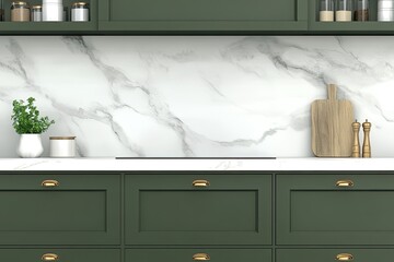 Minimalist kitchen with olive green cabinets, white marble countertop, and brass faucet. The scene includes an empty space above the counter for product placement.