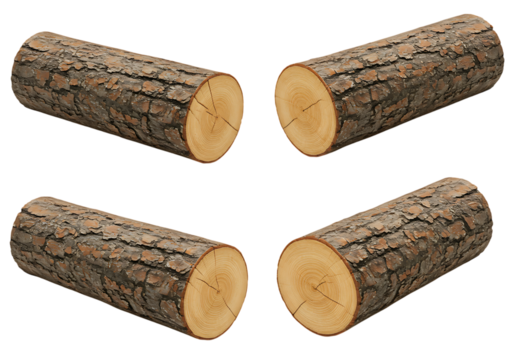 Four angled sections of wood log on black background isolated perspective view