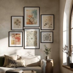 Frame Mockup. Living Room Poster on Wall. Interior Wall Art Mockup with Cozy Home Background