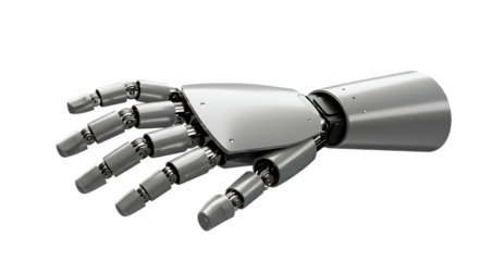 Detailed metallic robotic hand reaching out against a dark black background conceptual design