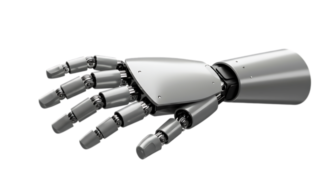Detailed metallic robotic hand reaching out against a dark black background conceptual design