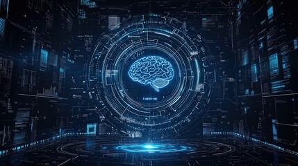  Futuristic HighTech Background Featuring an AI Brain Surrounded by Digital Data Charts and Code Elements, Blue Light Creates Energy Impression of Artificial Intelligence, HalfLength Human Holographic