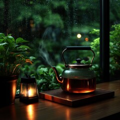 Warm, rainy evening by the window with a steaming tea kettle
