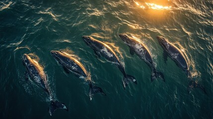 Group of gray whales swimming in the ocean at sunset.