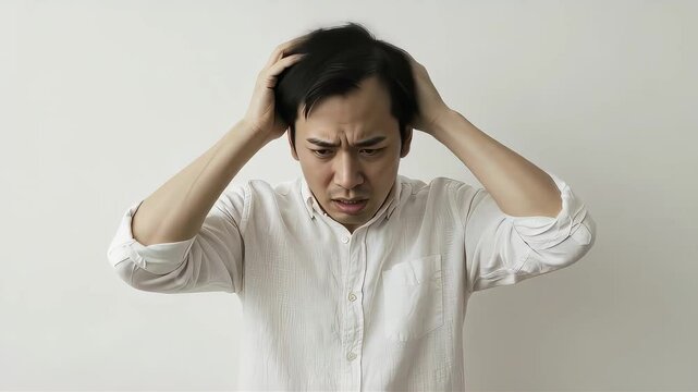 髪の薄毛に悩む、白い服の30代男性の上半身