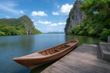 Wooden boat moored to a pier on a serene body of water flanked by forested cliffs under a blue sky