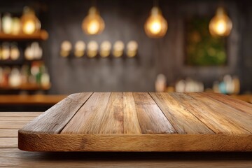 Wooden table surface in a blurred bar setting with overhead lighting