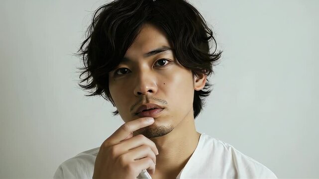 自分の髭の濃さに不満を持つ、白い服の30代男性