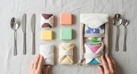 Eco friendly reusable products arranged in flat lay composition sustainable lifestyle