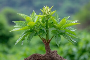 Young tree with budding flowers on a thick textured trunk set against a soft green background