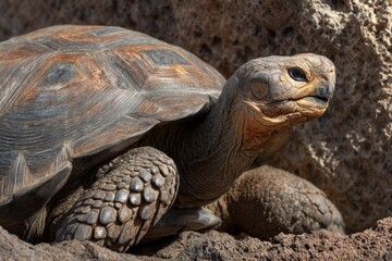 Fototapeta premium Close up shot of a tortoise with a textured shell and skin resting near rocky terrain outdoors in sunlight