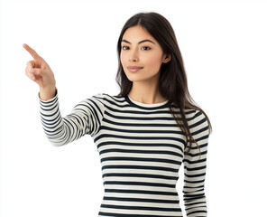 Smiling Woman in Striped Shirt Pointing Up – Studio Portrait with White Background, Perfect for Advertising, Branding, or Marketing Campaigns