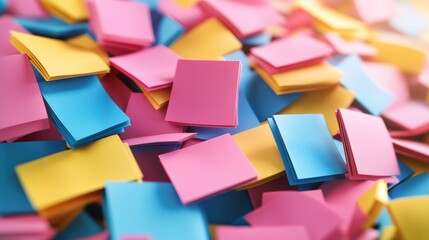 Fototapeta premium Colorful scattered sticky notes in pink blue yellow on a flat surface ideal for organization and planning