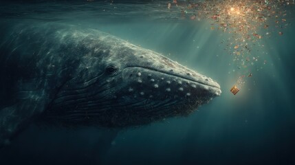 Whale and plastic debris underwater.