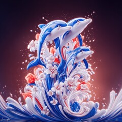 Jumping dolphins, floral splash