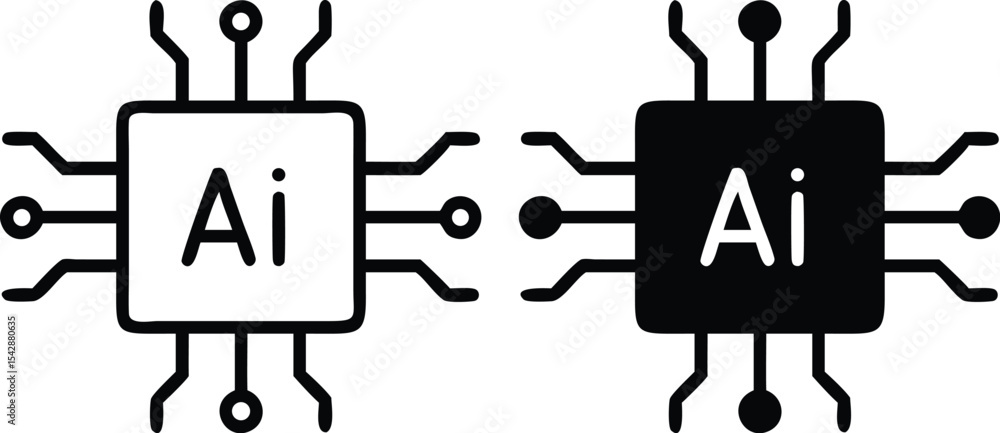 Poster minimalist ai chip icon – detailed line art vector of square microchip with circuit pins