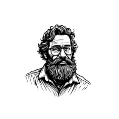 Detailed black and white portrait of a bearded man with glasses illustration