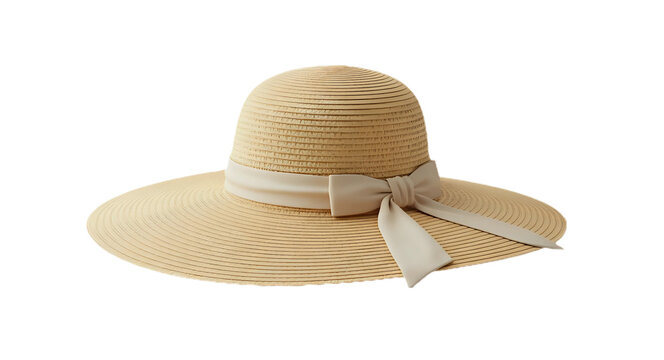 A woman straw hat with grey ribbon and bow, summer fashion and accessories concept, isolated on transparent background, cut out png