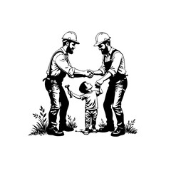 Illustration of two construction workers shaking hands with a child in the middle