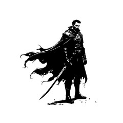 Monochrome Silhouette of a Mysterious Warrior with a Sword in Bold Black and White
