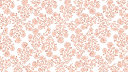 Delicate floral pattern with light pink flowers and vines on a white background in a repeating design