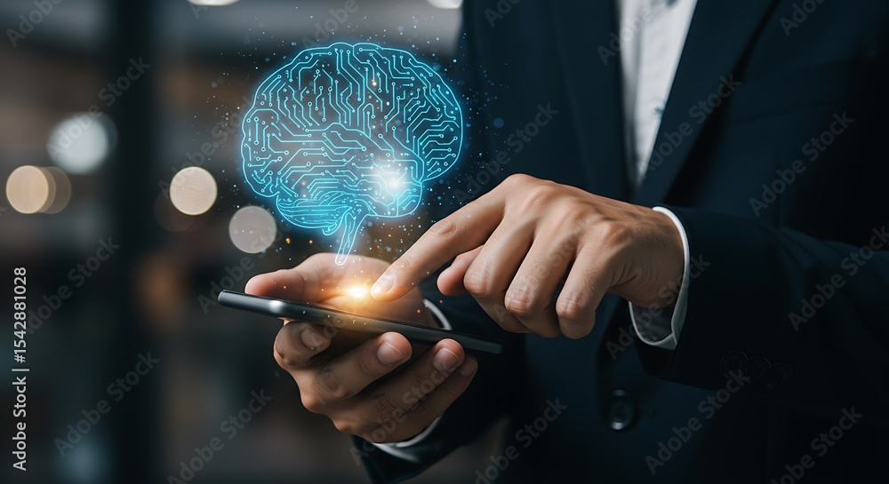 Poster businessman interacting with artificial intelligence technology using a smartphone and circuit brain