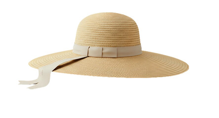 A woman straw hat with grey ribbon and bow, summer fashion and accessories concept, isolated on transparent background, cut out png