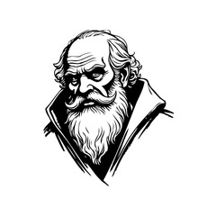 Detailed Black and White Portrait of an Elderly Man with Prominent Beard and Moustache