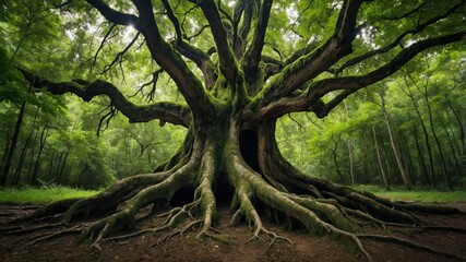 Majestic ancient tree with sprawling roots in a lush forest.