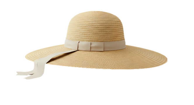 A woman straw hat with grey ribbon and bow, summer fashion and accessories concept, isolated on transparent background, cut out png