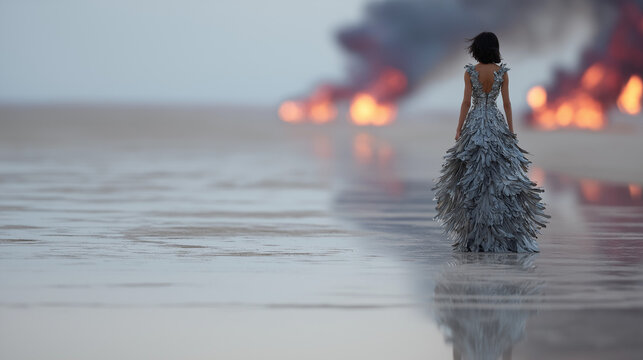 A stylish and adaptable stock visual glamorous singer in high fashion dress amidst a whimsical wintery scene: spruce tree, twinkling lights, sand, and stirring ocean at dusk.