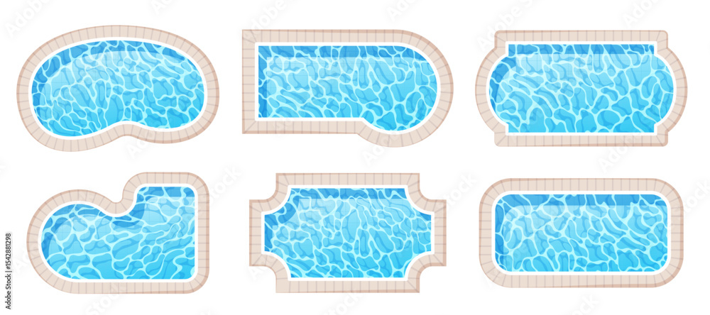 Poster swimming pool set. top view poolside collection of different shape, form and size