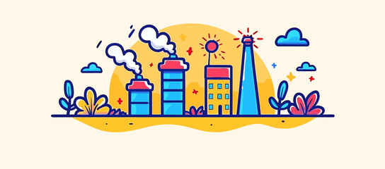 Stylized Cityscape with Industrial Buildings, Skyscraper, and Whimsical Floral Accents