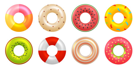 Cute inflatable ring icon set. Trendy floating swim tube collection