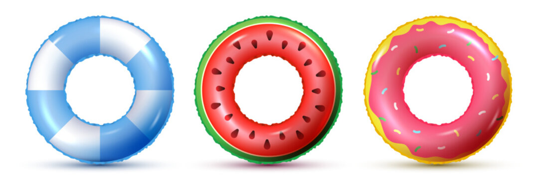 Realistic inflatable ring collection for swimming pool. Trendy watermelon, donut and blue stripes floating swim tube set