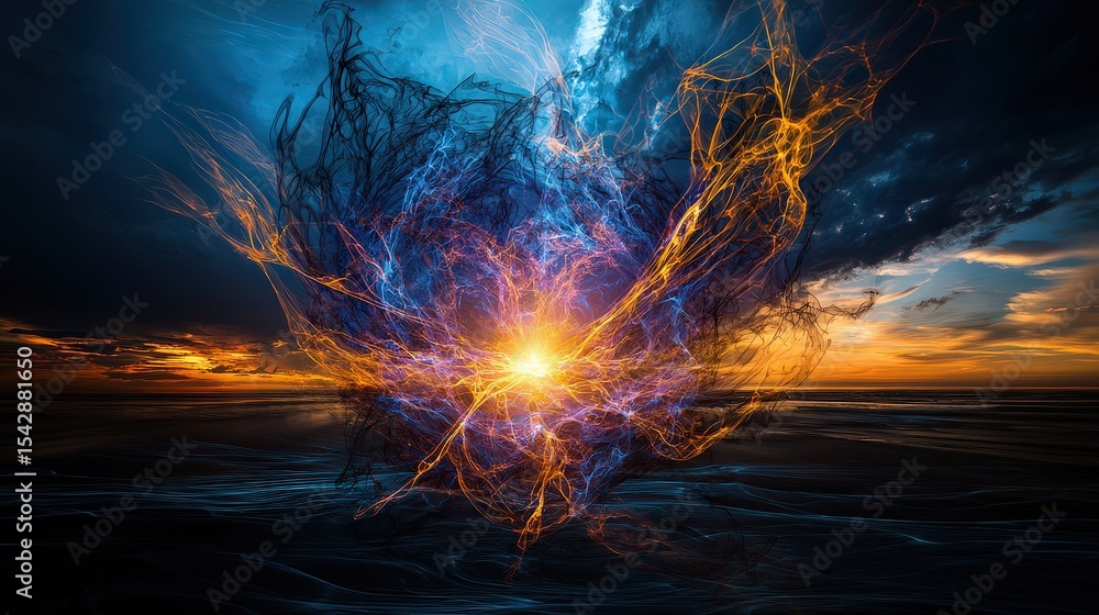 Poster dynamic energy burst at sunset over ocean waves abstract art vibrant colors atmospheric environment 