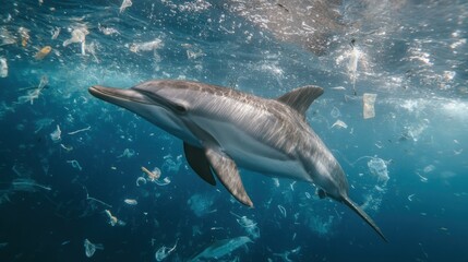 Dolphin surrounded by plastic debris in the ocean.