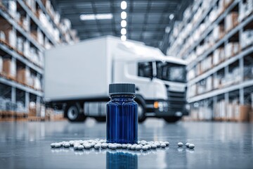 Pharmaceutical Supply Chain.  A blue medication bottle sits amidst scattered pills on a warehouse floor,  with a delivery truck in the background