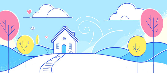 Whimsical Line Art House on Gentle Hillside with Pastel Trees