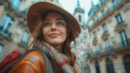 A stylish young female tourist with glasses and a hat takes a selfie in a picturesque European city. She looks up with a curious smile, admiring the historic architecture around her