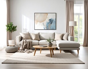 Modern Living Room Design Light Beige Sectional Sofa, Wooden Coffee Table, and Neutral Decor