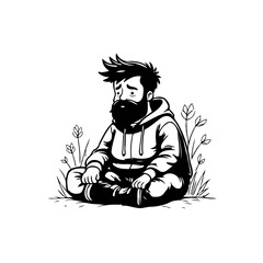 Vector Illustration: Pensive bearded man meditating in nature, promoting mindfulness
