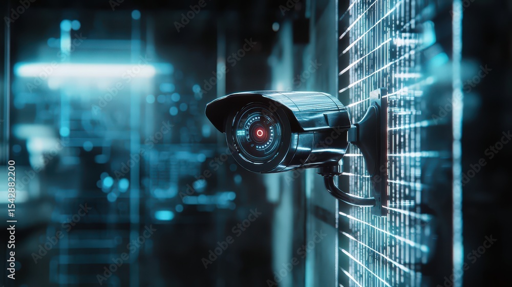 Poster Surveillance camera monitoring urban environment technology high-tech setting close-up perspective security concept